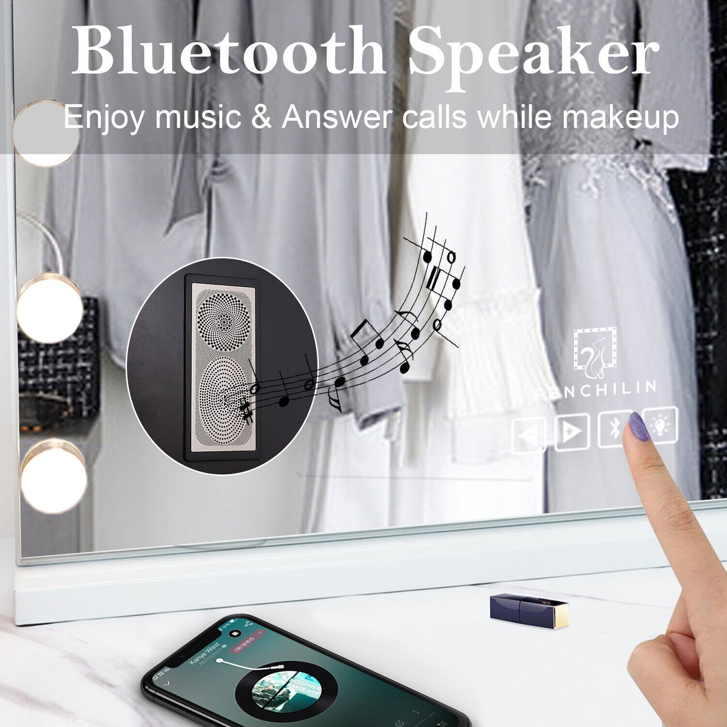 Hollywood LED Vanity Mirror Bluetooth Rectangle White Silver V178-66825