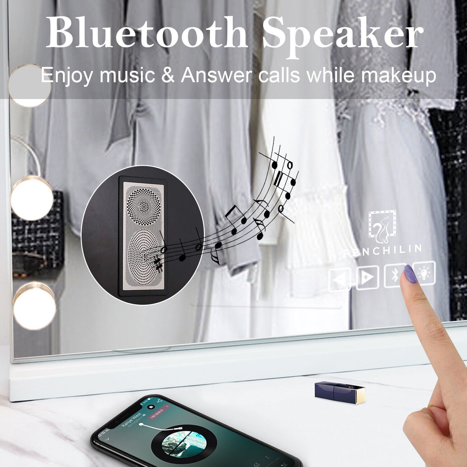 Hollywood LED Vanity Mirror Bluetooth Rectangle White Silver V178-66825