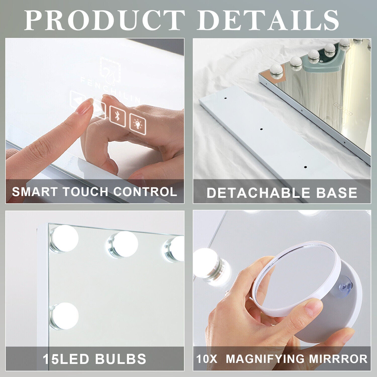 Hollywood LED Vanity Mirror Bluetooth Rectangle White Silver V178-66825