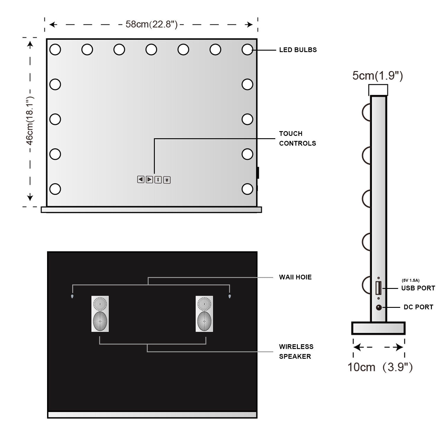 Hollywood LED Vanity Mirror Bluetooth Rectangle White Silver V178-66825
