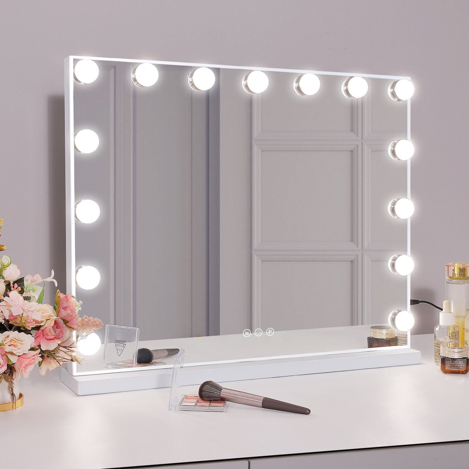 Hollywood LED Vanity Mirror Rectangle White Silver Wall Mirror V178-66826