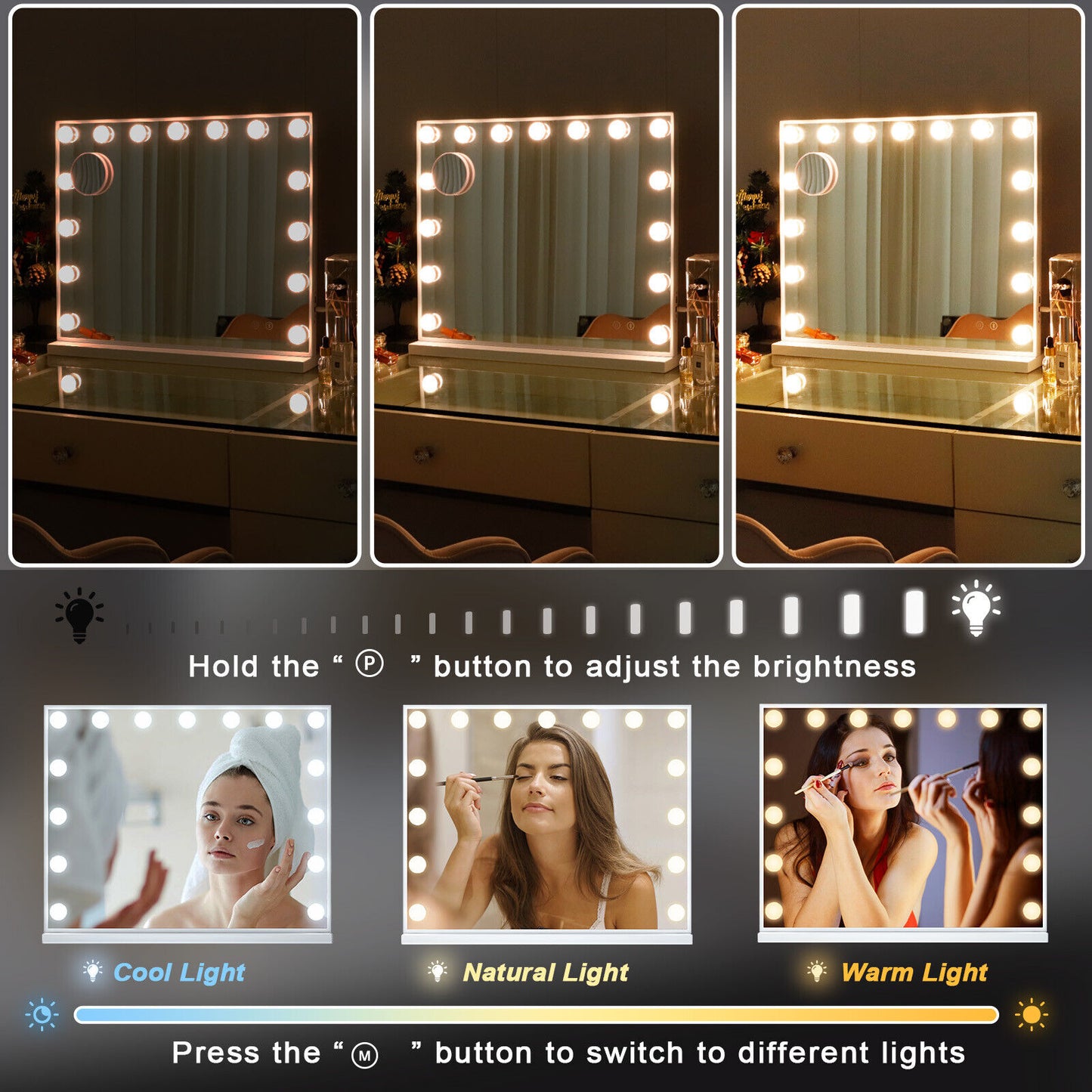 Hollywood LED Vanity Mirror Rectangle White Silver Wall Mirror V178-66826