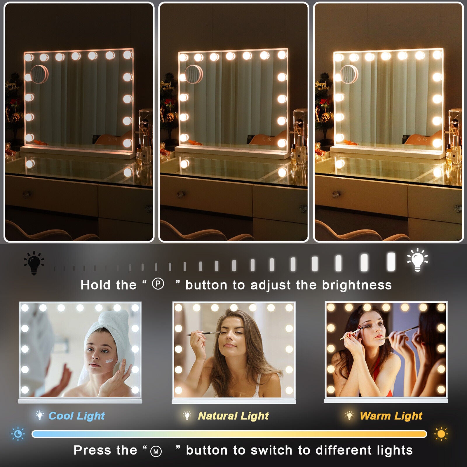 Hollywood LED Vanity Mirror Rectangle White Silver Wall Mirror V178-66826