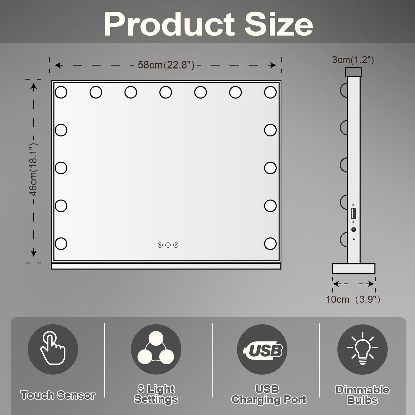 Hollywood LED Vanity Mirror Rectangle White Silver Wall Mirror V178-66826
