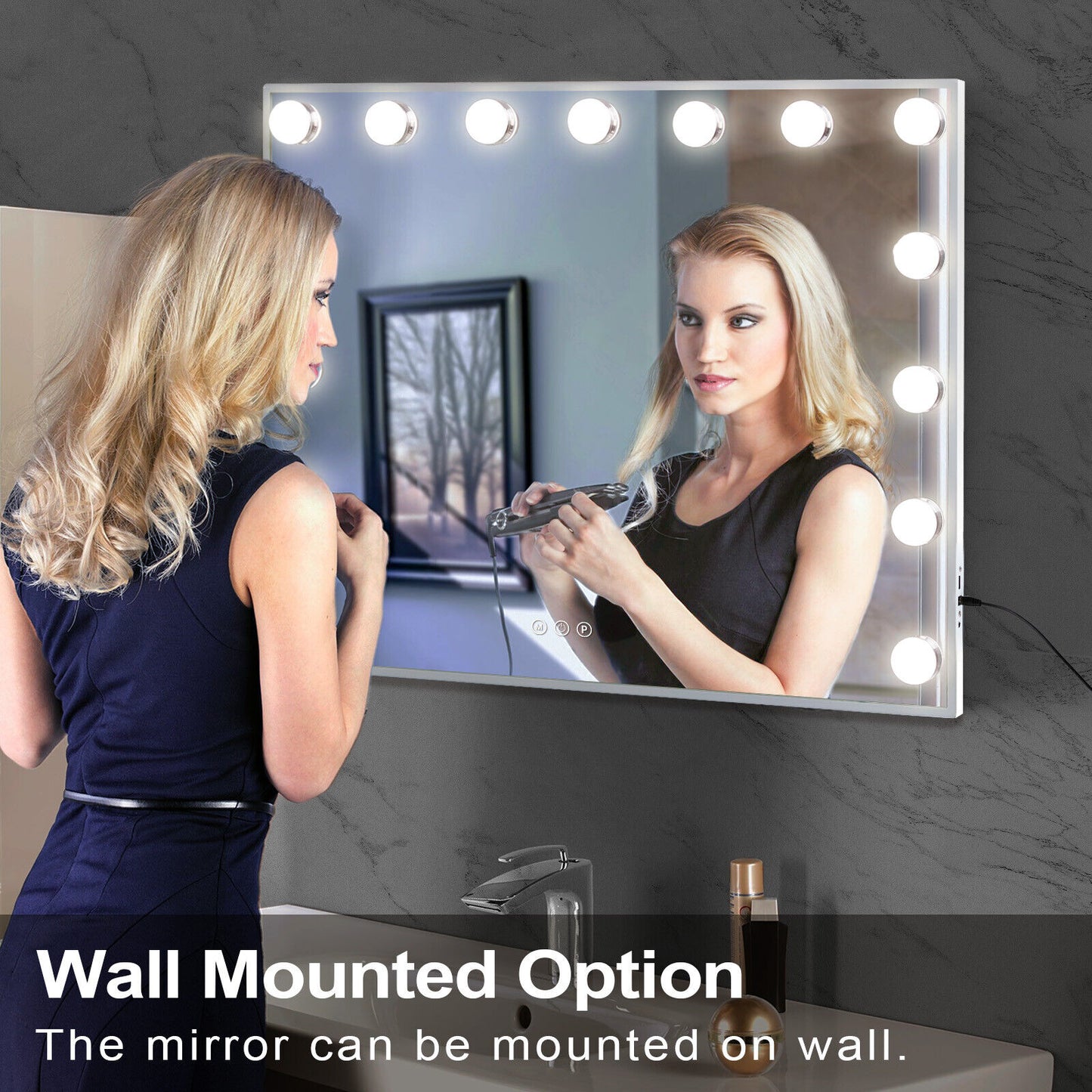 Hollywood LED Vanity Mirror Rectangle White Silver Wall Mirror V178-66826