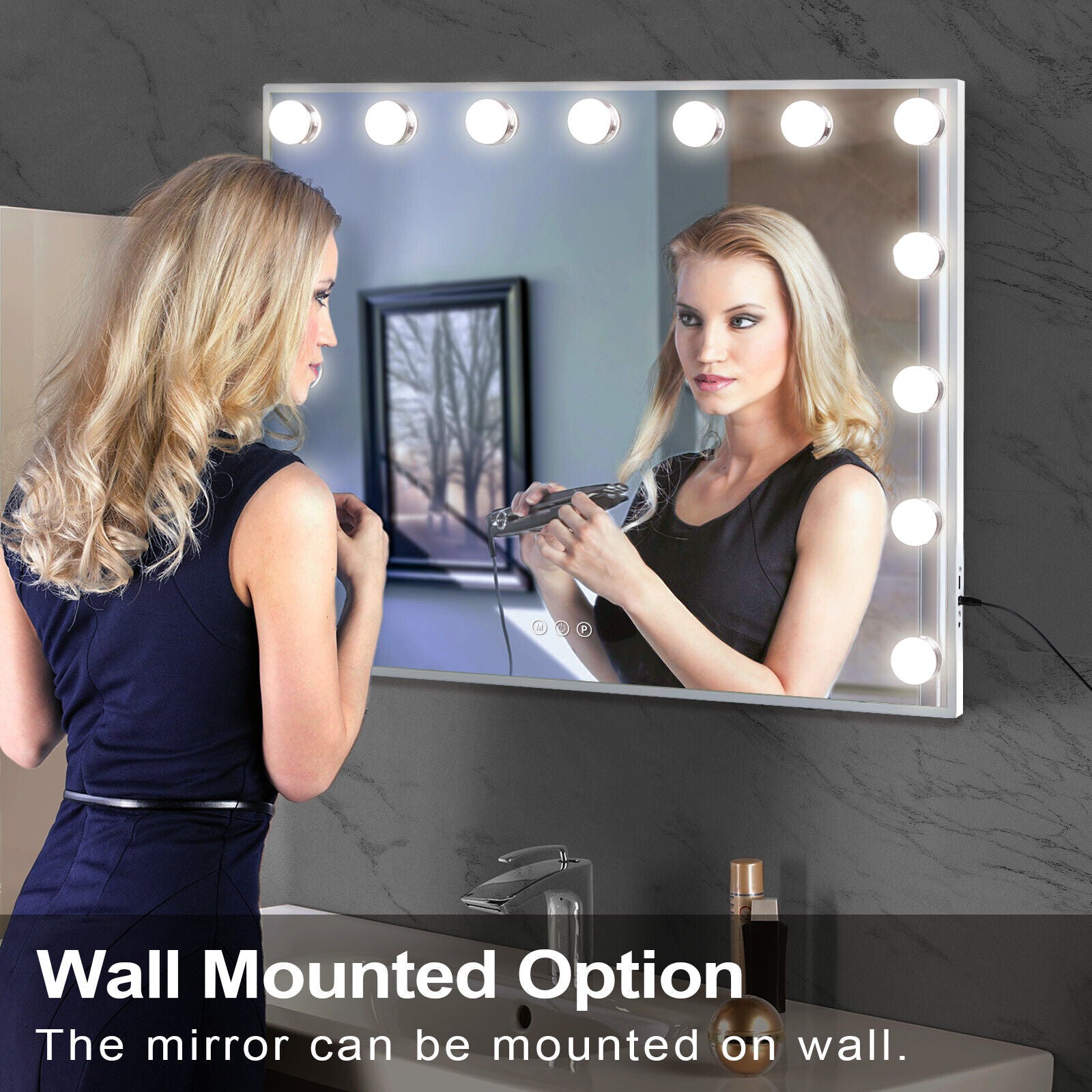 Hollywood LED Vanity Mirror Rectangle White Silver Wall Mirror V178-66826