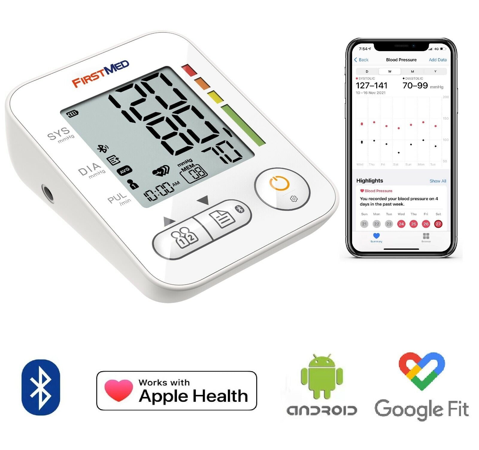 Bluetooth Blood Pressure Monitor, Auto Digital, 22-32cm Cuff V178-66864