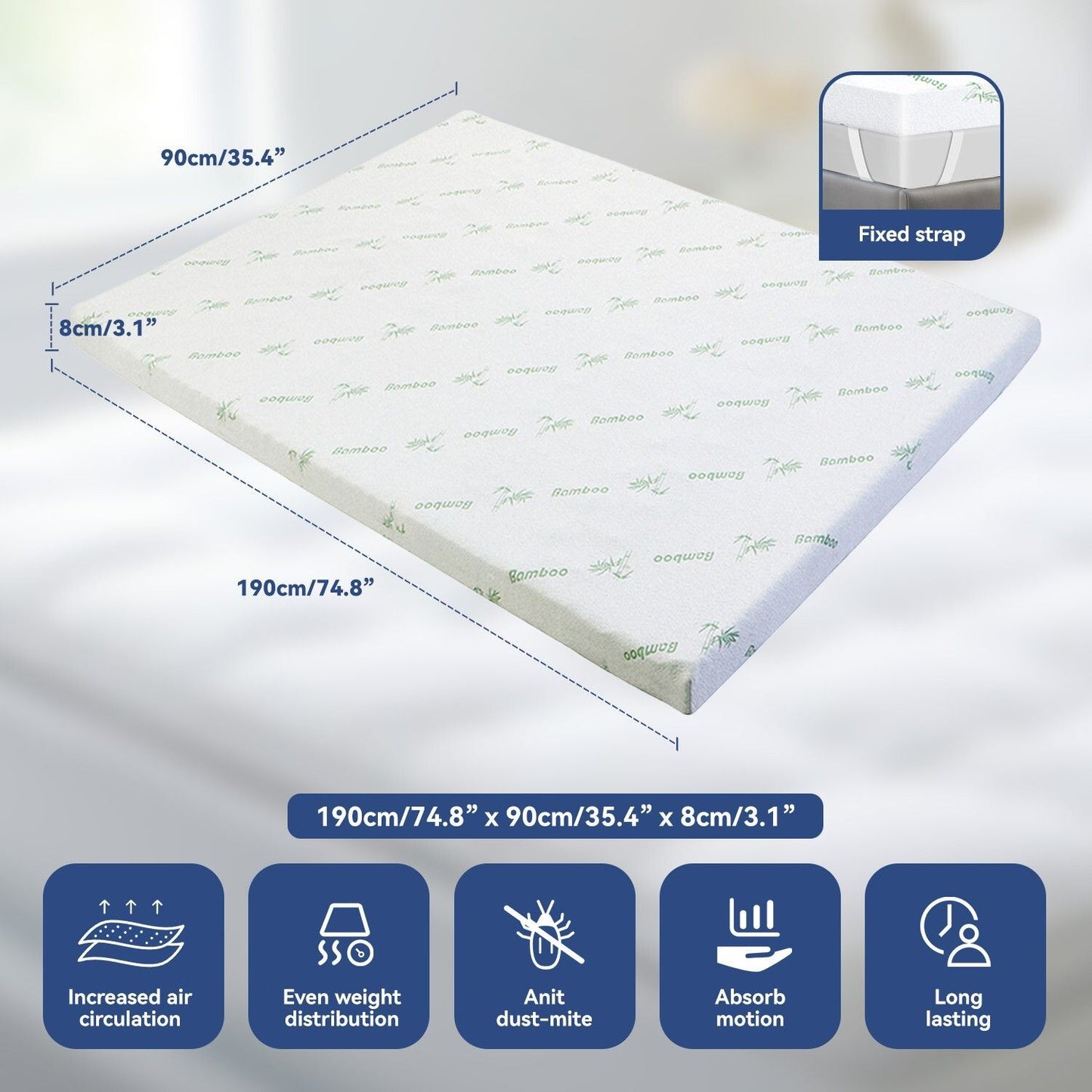 Single Memory Foam Mattress Topper 7-Zone Bamboo Cover Breathable V178-66886