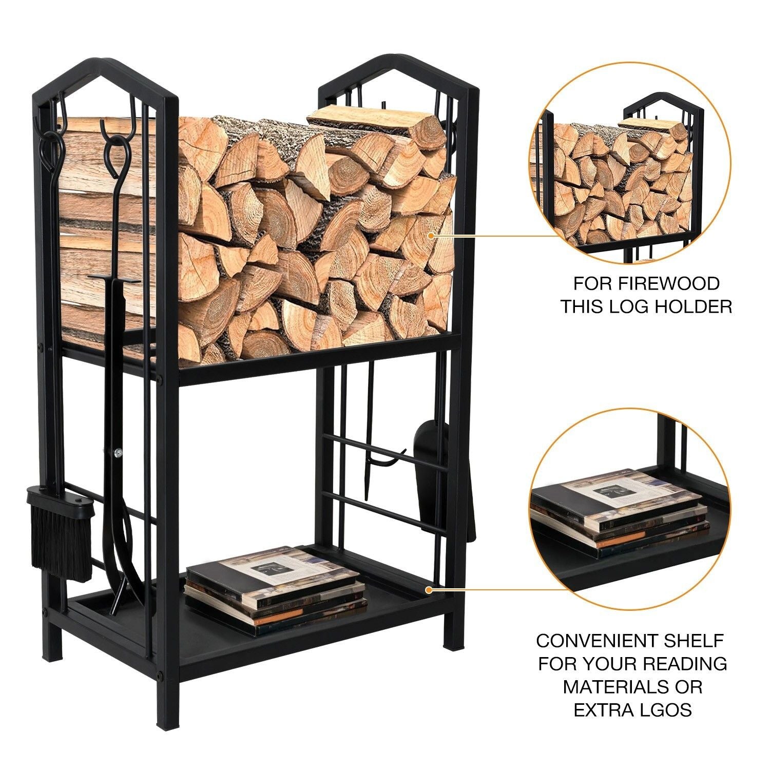Steel Firewood Rack with Tools, Large Log Holder, 30cm Depth V178-66892