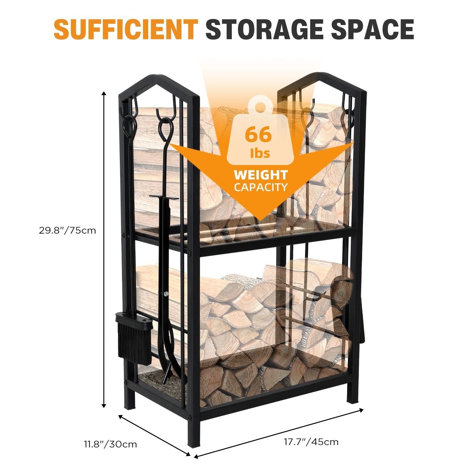 Steel Firewood Rack with Tools, Large Log Holder, 30cm Depth V178-66892