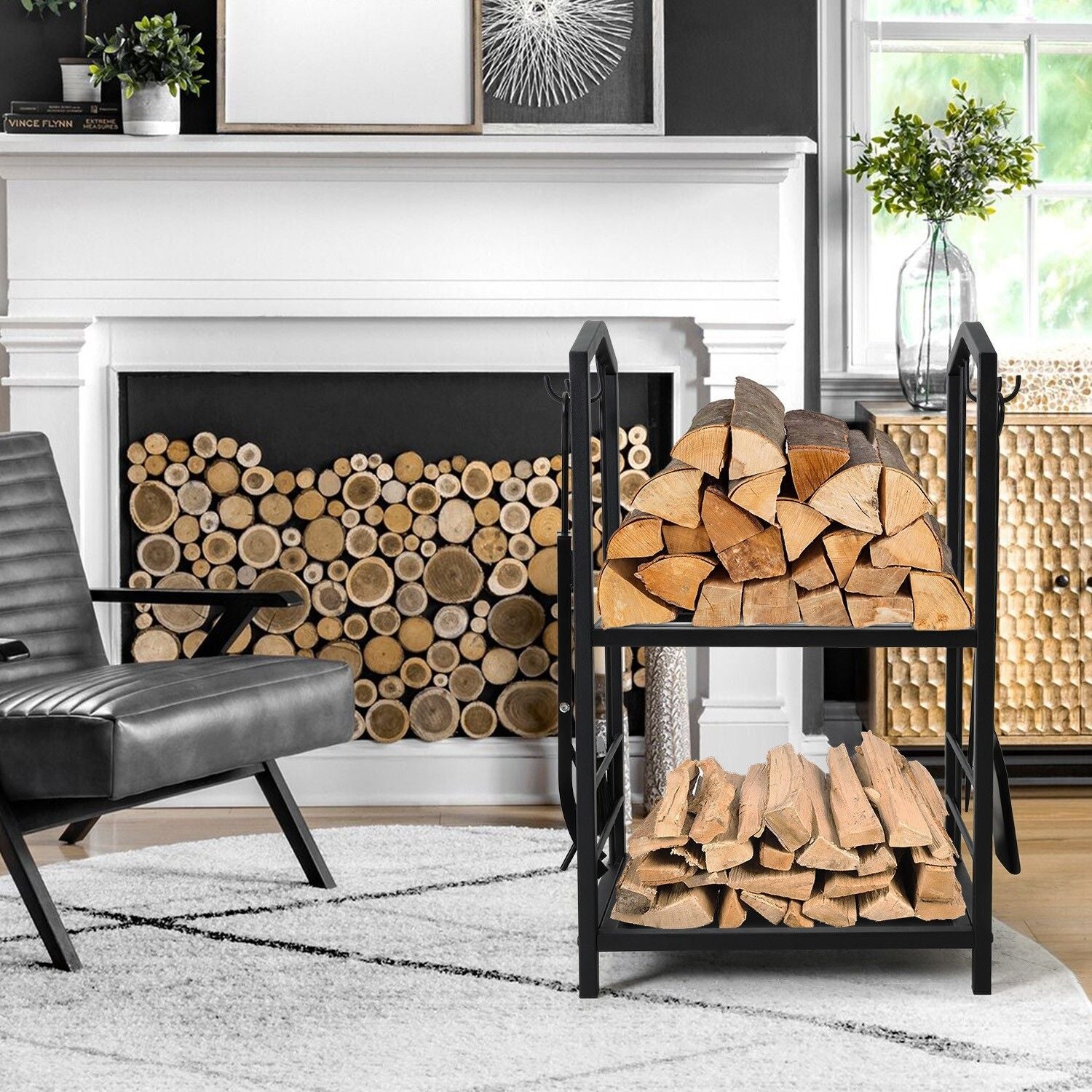 Steel Firewood Rack with Tools, Large Log Holder, 30cm Depth V178-66892