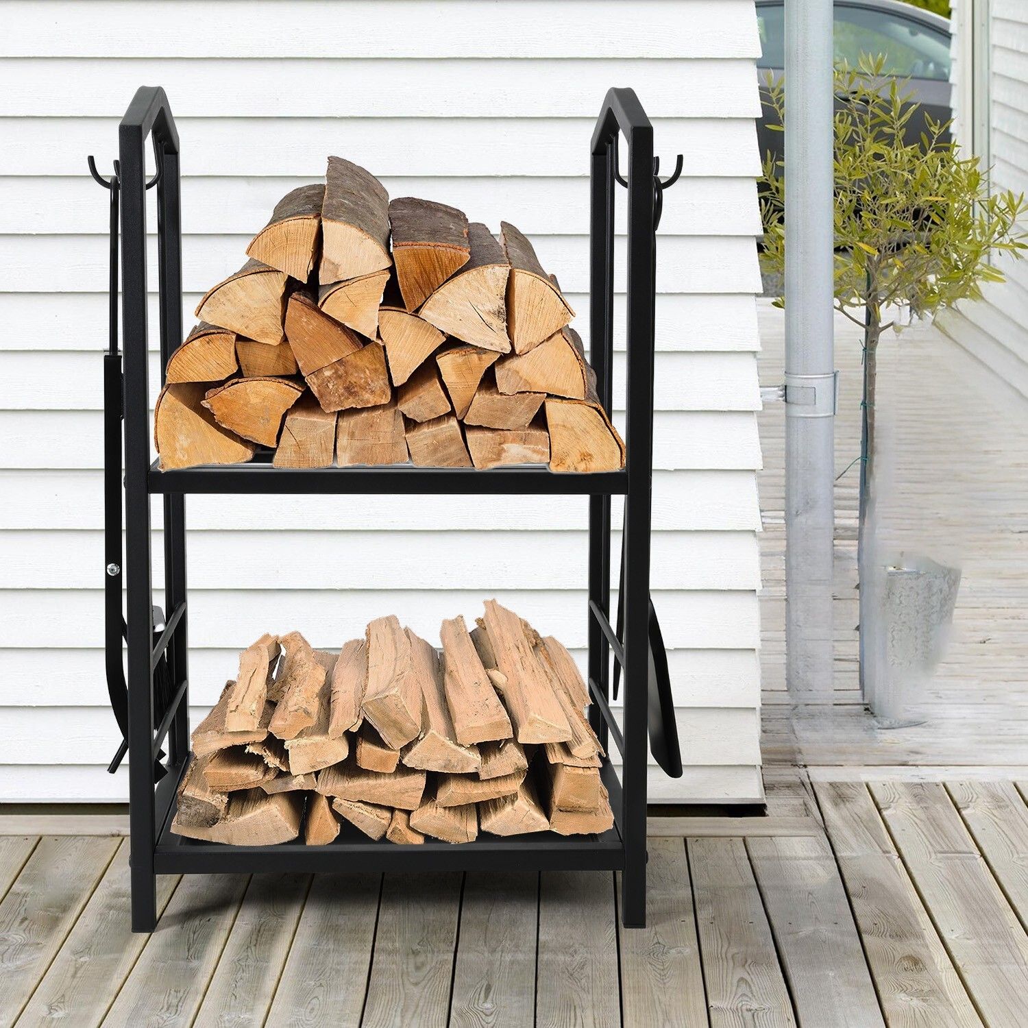 Steel Firewood Rack with Tools, Large Log Holder, 30cm Depth V178-66892