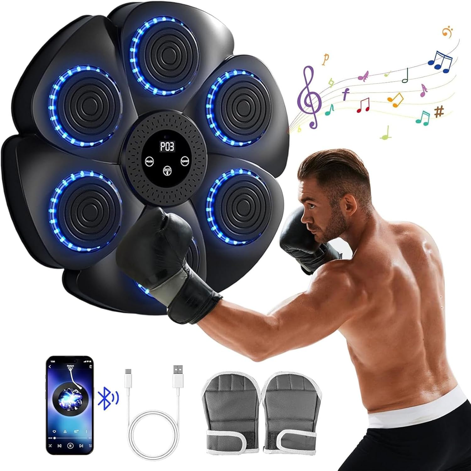 Wall Mount Boxing Machine Bluetooth Black Punch Pad + Gloves V178-66911
