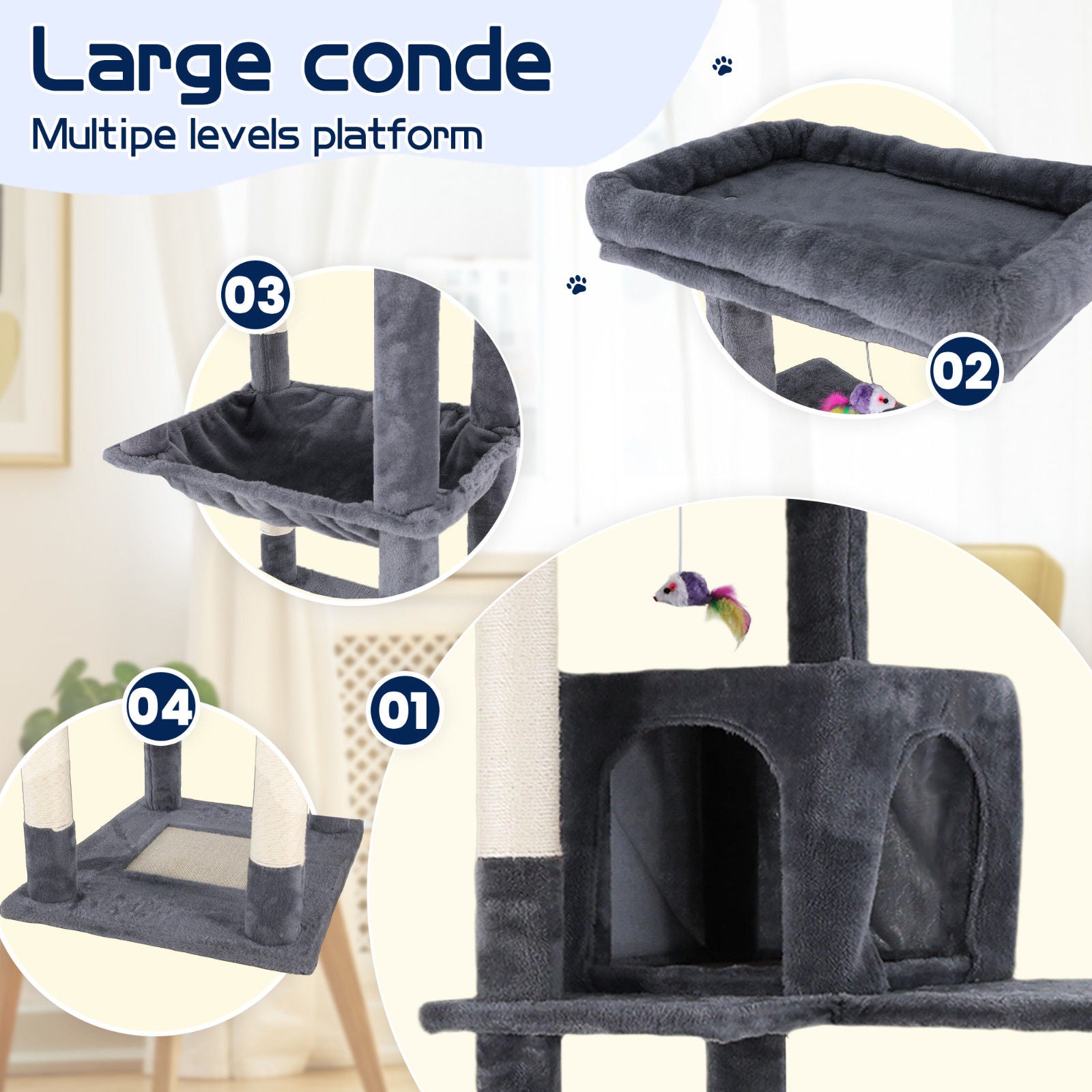 Cat Tower Tree Condo Scratching Post Dark Grey 142cm V178-66919