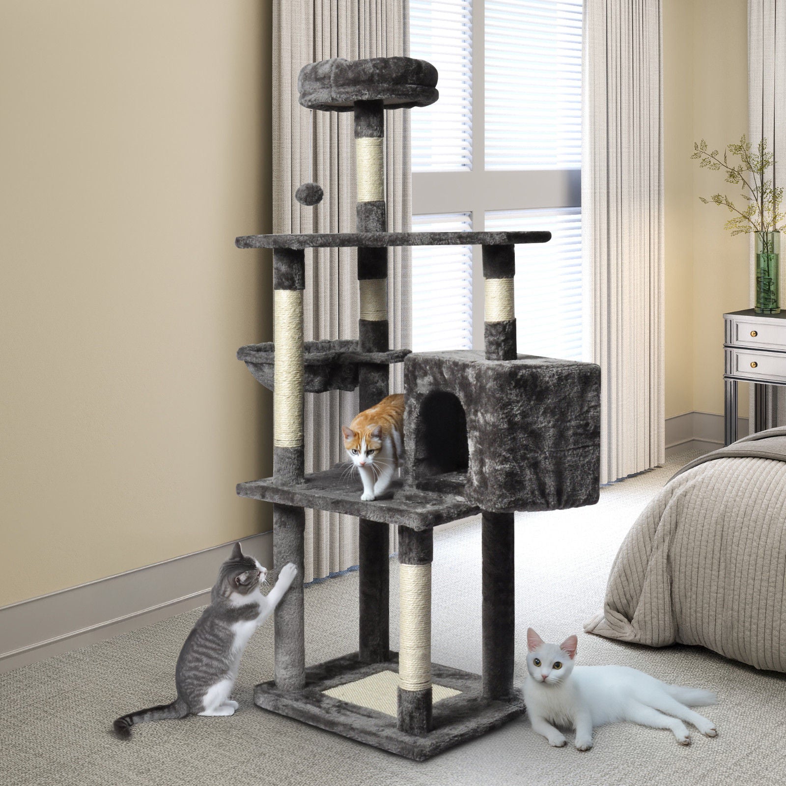 Large Grey Cat Tree Tower Condo with Scratching Post Bed V178-66920