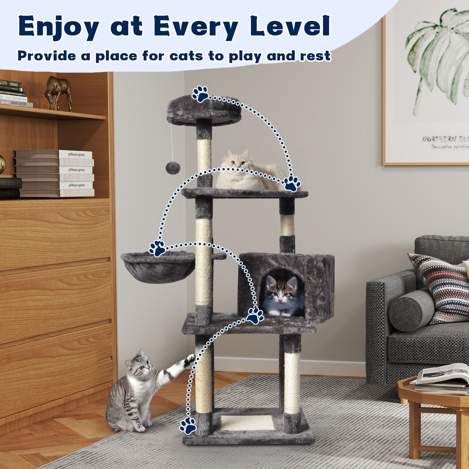 Large Grey Cat Tree Tower Condo with Scratching Post Bed V178-66920