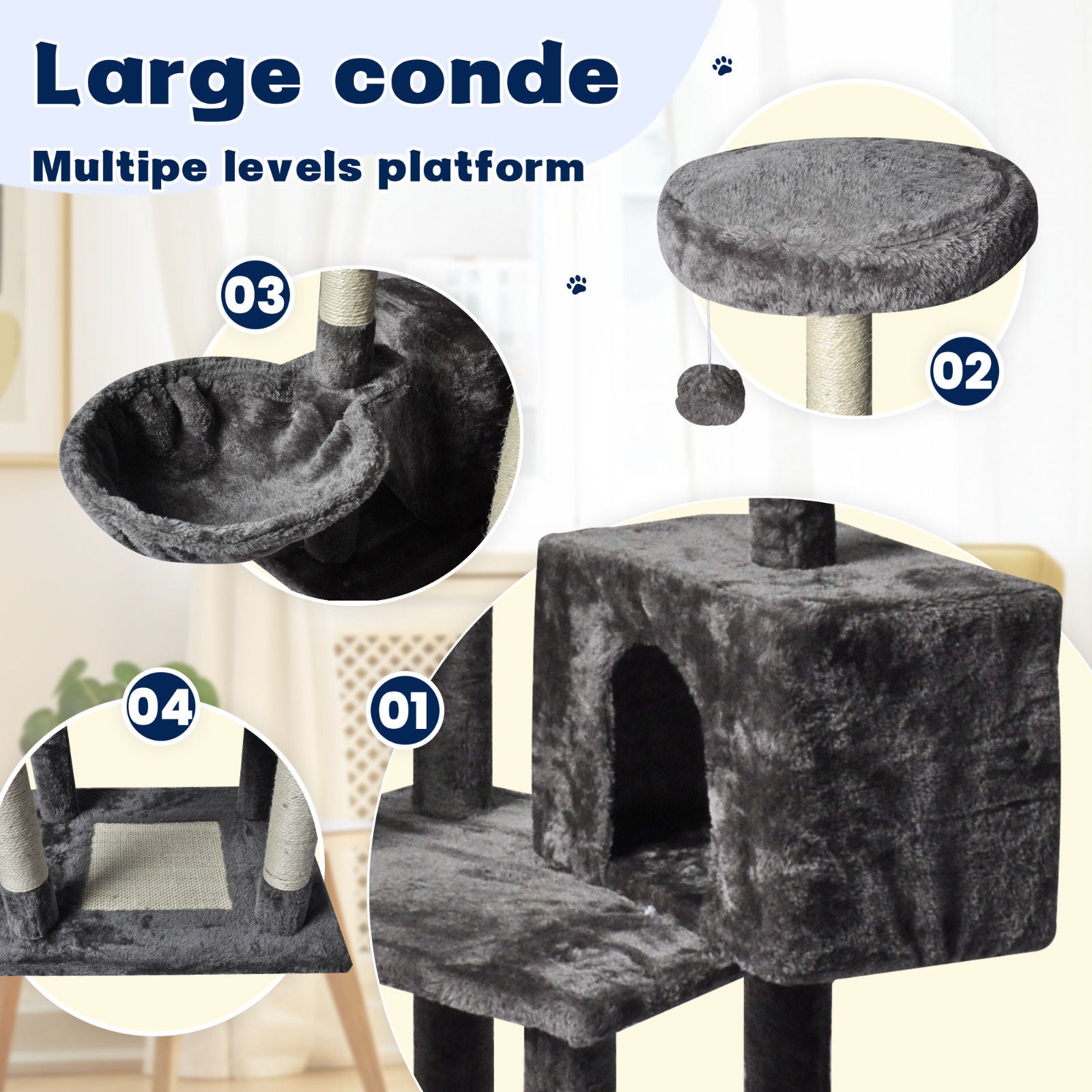 Large Grey Cat Tree Tower Condo with Scratching Post Bed V178-66920
