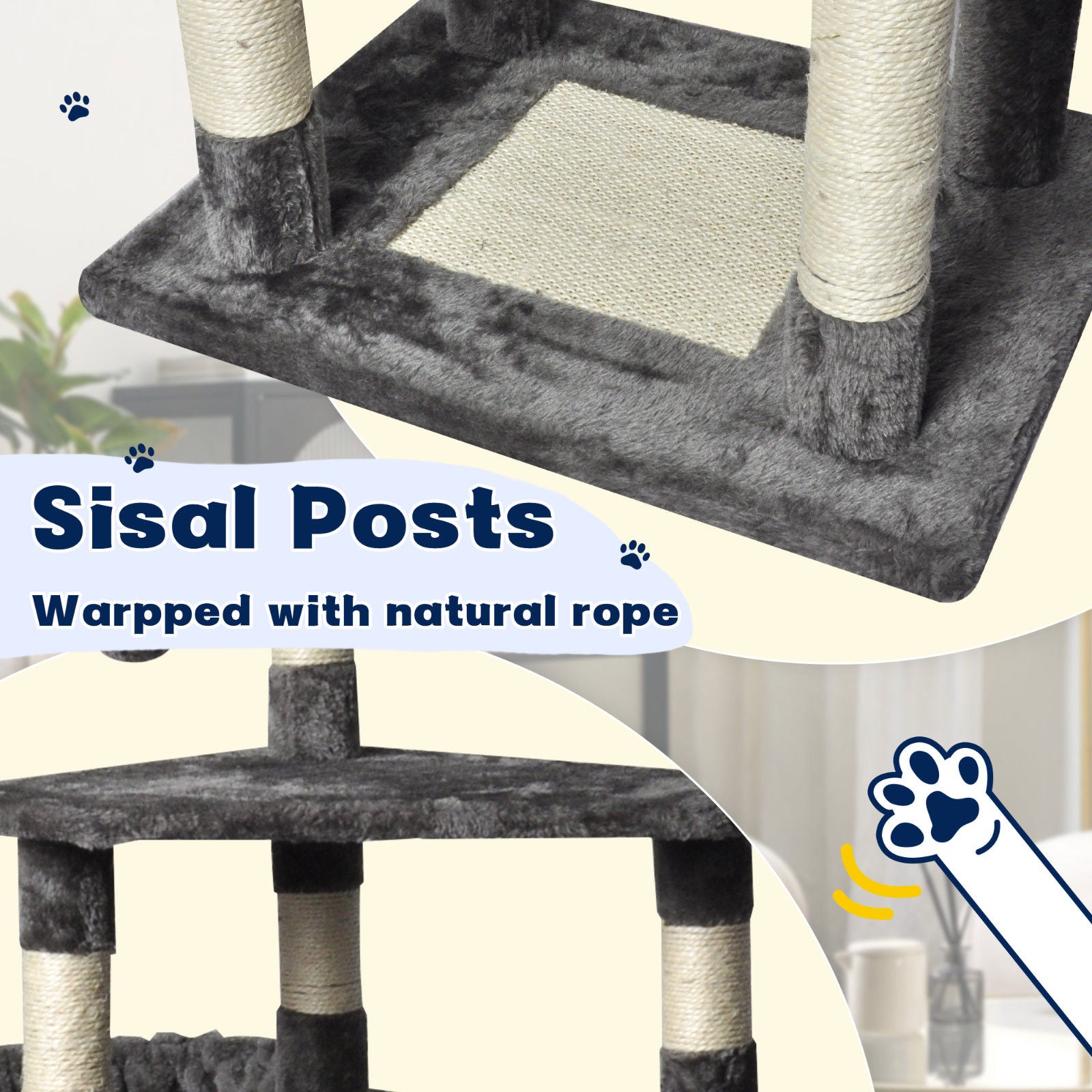 Large Grey Cat Tree Tower Condo with Scratching Post Bed V178-66920