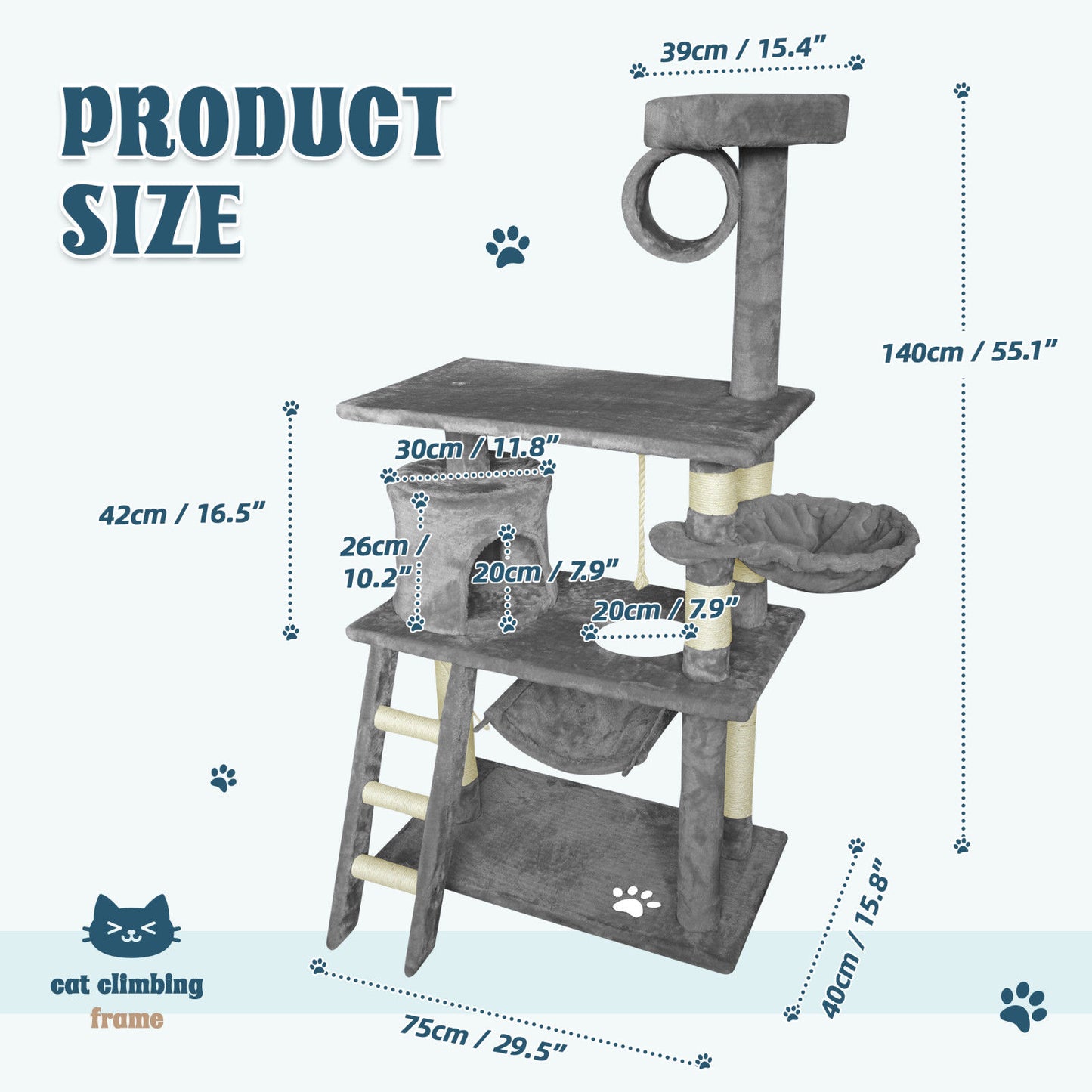 Grey Cat Tree Tower Condo Scratching Post Bed Stand 1.4M V178-66921