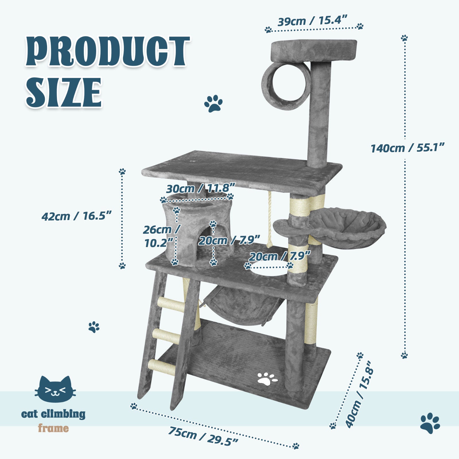 Grey Cat Tree Tower Condo Scratching Post Bed Stand 1.4M V178-66921