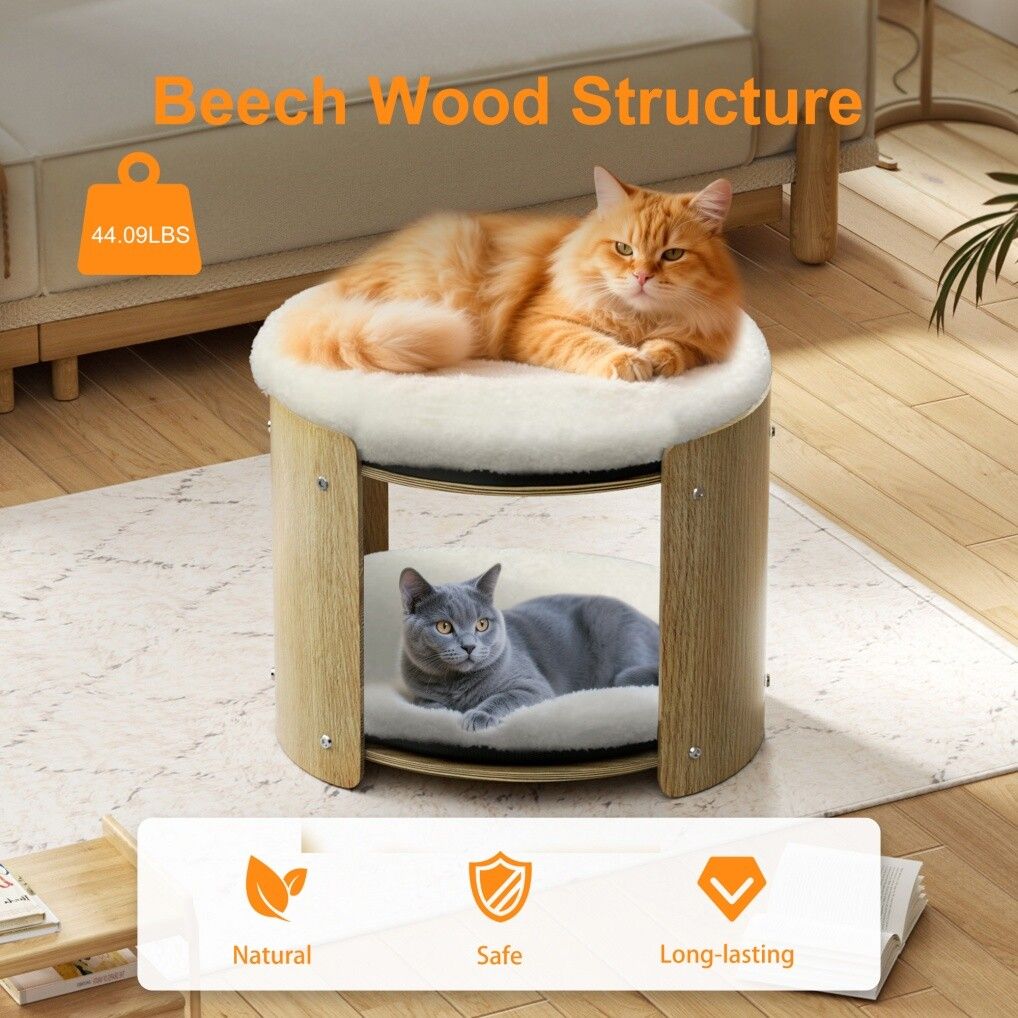 Elevated Double Cat Bed 2-Tier Wooden Plush Kitten Lounge V178-66928