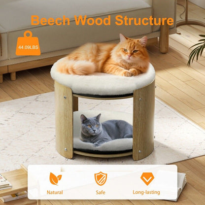 Elevated Double Cat Bed 2-Tier Wooden Plush Kitten Lounge V178-66928