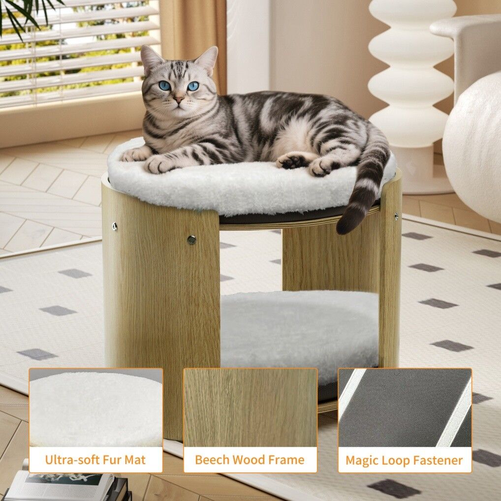 Elevated Double Cat Bed 2-Tier Wooden Plush Kitten Lounge V178-66928