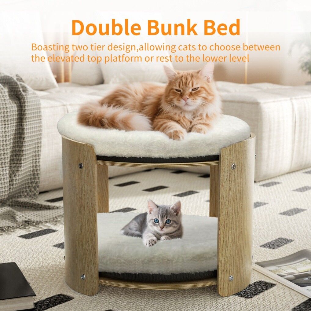 Elevated Double Cat Bed 2-Tier Wooden Plush Kitten Lounge V178-66928