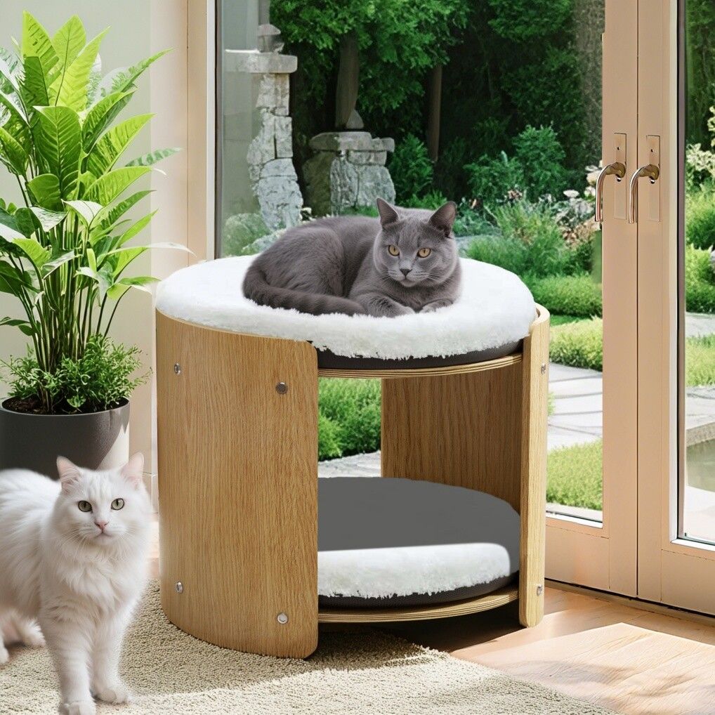 Elevated Double Cat Bed 2-Tier Wooden Plush Kitten Lounge V178-66928