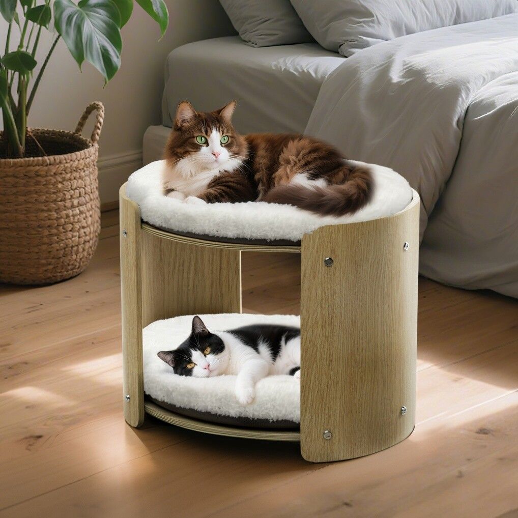Elevated Double Cat Bed 2-Tier Wooden Plush Kitten Lounge V178-66928