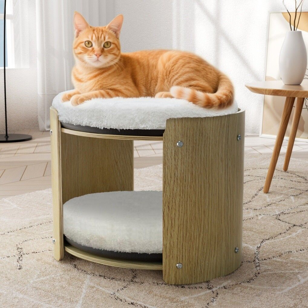 Elevated Double Cat Bed 2-Tier Wooden Plush Kitten Lounge V178-66928