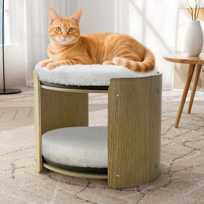 Elevated Double Cat Bed 2-Tier Wooden Plush Kitten Lounge V178-66928