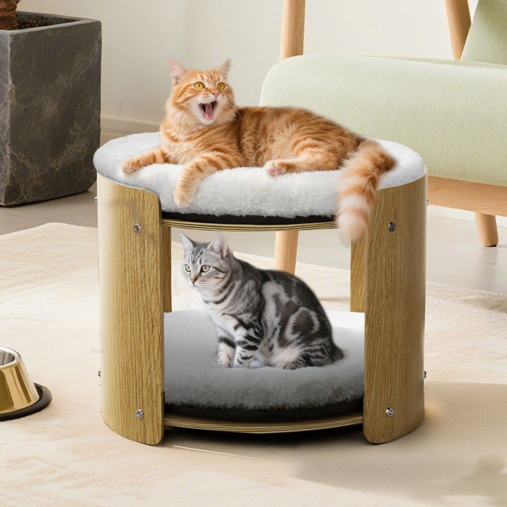 Elevated Double Cat Bed 2-Tier Wooden Plush Kitten Lounge V178-66928