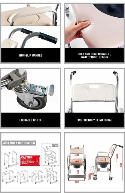 Aluminum Bedside Commode Chair 200kg Mobile Shower Toilet Wheelchair V178-66964