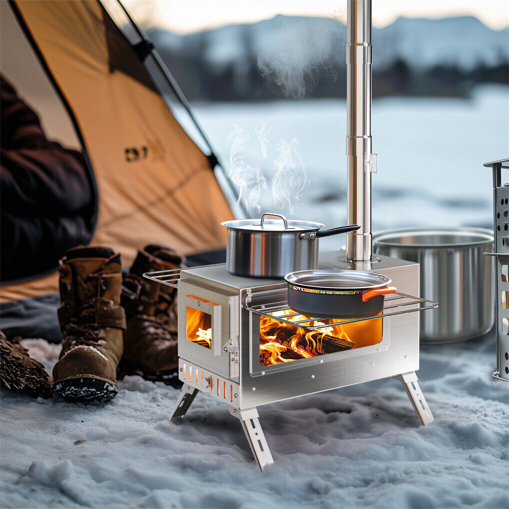 Stainless Steel Wood Burning Stove 1 Burner Camping BBQ with Chimney V178-66978