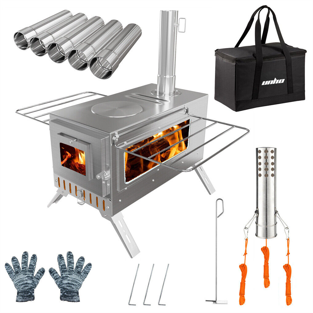 Stainless Steel Wood Burning Stove 1 Burner Camping BBQ with Chimney V178-66978
