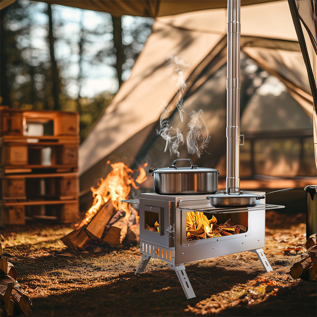 Stainless Steel Wood Burning Stove 1 Burner Camping BBQ with Chimney V178-66978