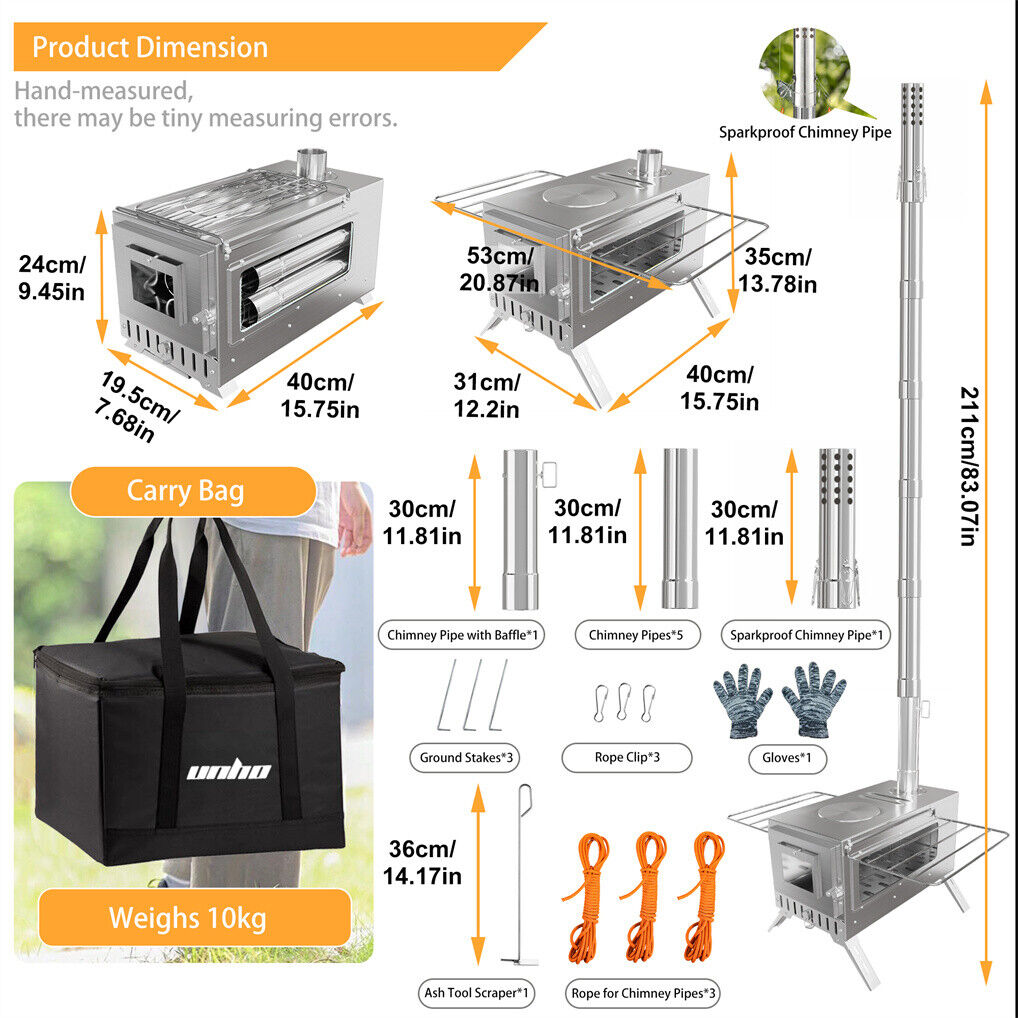 Stainless Steel Wood Burner Stove for Camping w/ Chimney & Bag V178-66979