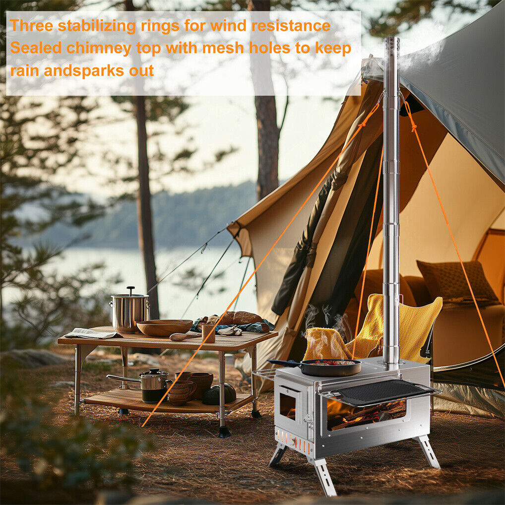 Stainless Steel Wood Burner Stove for Camping w/ Chimney & Bag V178-66979