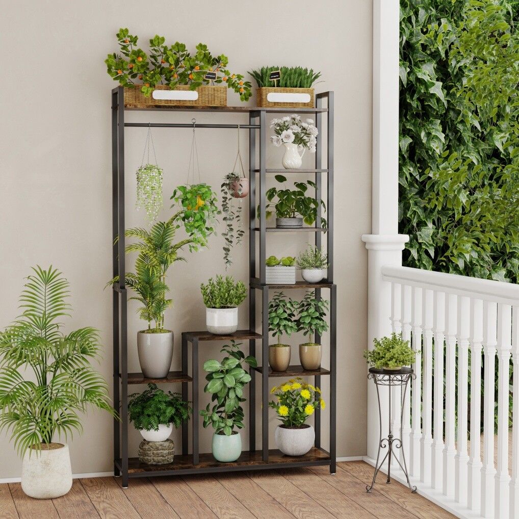 Plant Stand Shelf Rack with Hanging Rod Indoor Outdoor Display V178-66989