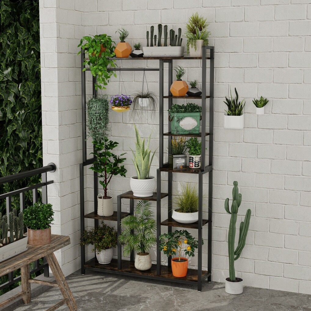 Plant Stand Shelf Rack with Hanging Rod Indoor Outdoor Display V178-66989