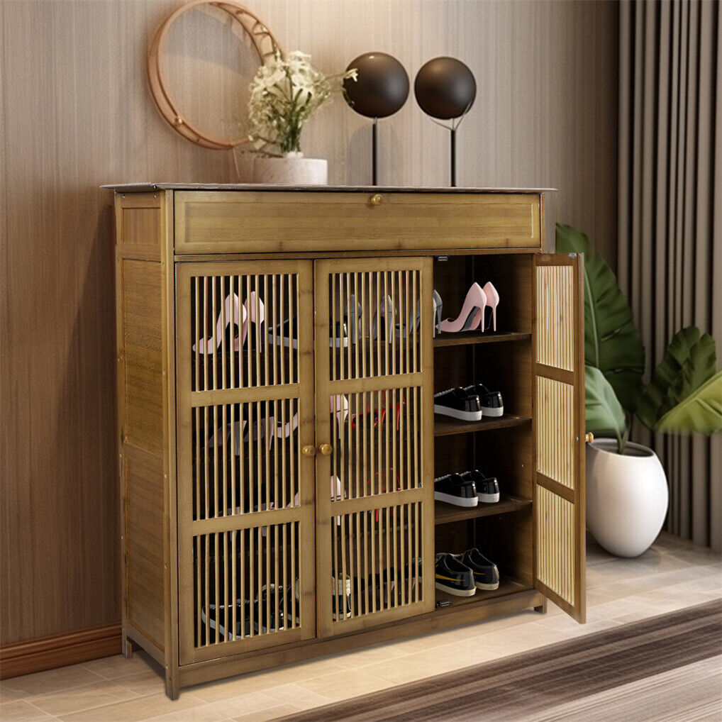 Wooden Shoe Rack XL 4 Tier 3 Doors Drawers Shelves Cabinet Organizer V178-67001
