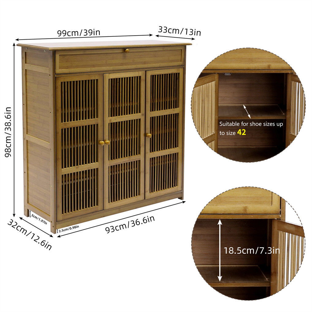 Wooden Shoe Rack XL 4 Tier 3 Doors Drawers Shelves Cabinet Organizer V178-67001