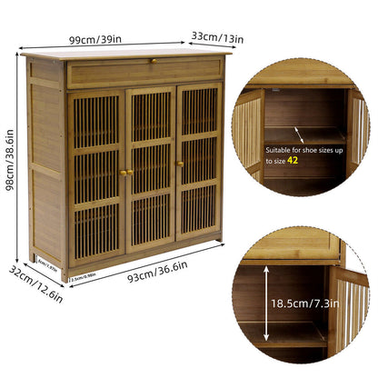 Wooden Shoe Rack XL 4 Tier 3 Doors Drawers Shelves Cabinet Organizer V178-67001