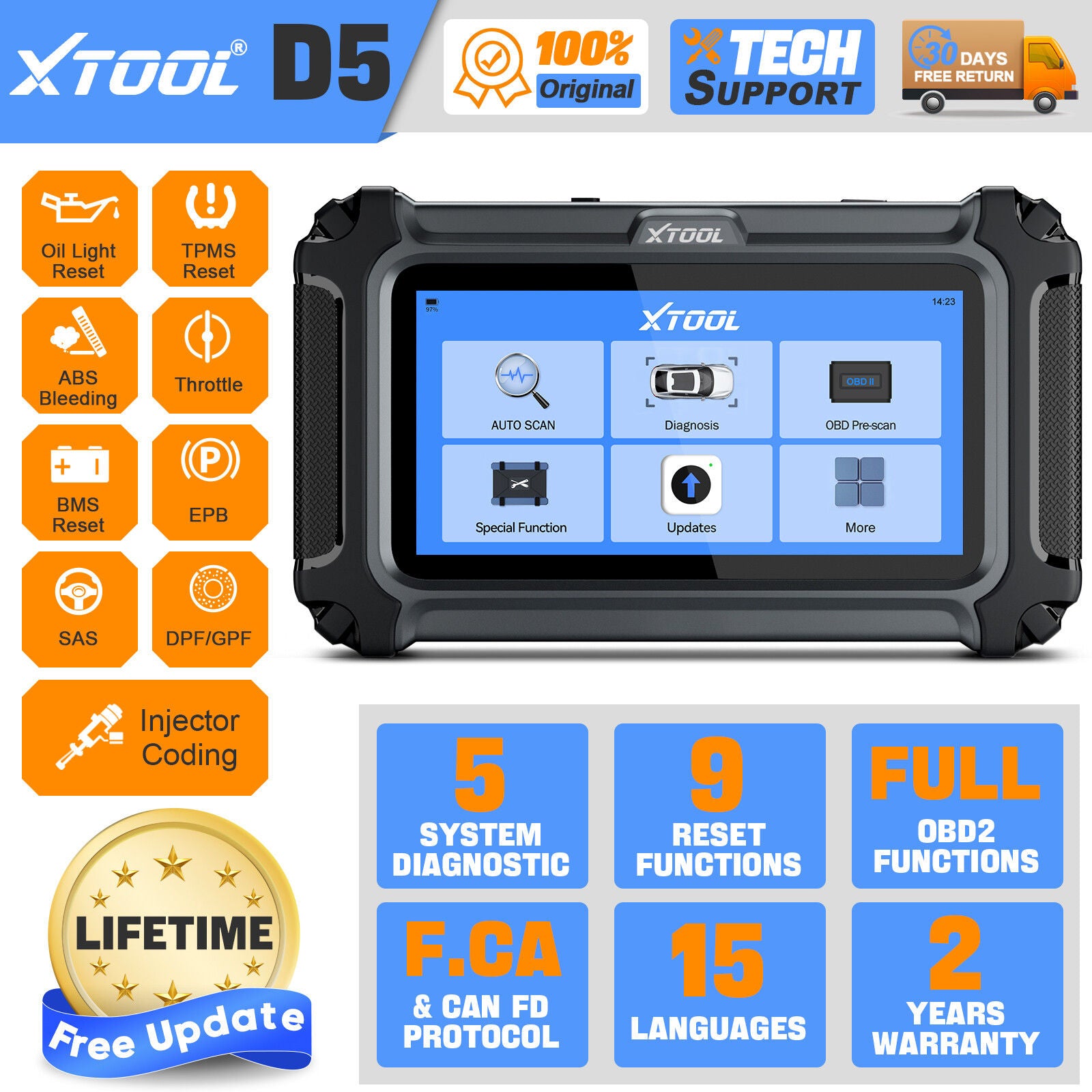 2025 D5 OBD2 Scanner ABS SRS Engine Diagnostic Tool V178-67016
