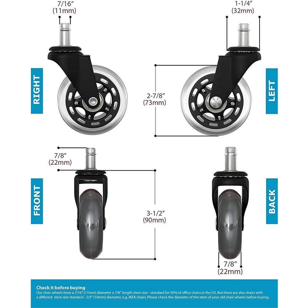 3 Swivel Rollerblade Chair Wheels, 7/16 Stem, All Floors - 5 Pack V178-67030