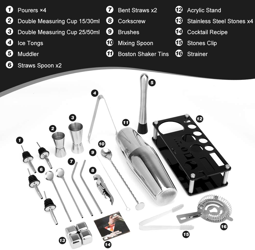 Cocktail Shaker Set Boston 23-Piece Stainless Steel and Professional Bar Tools for Drink Mixing V178-82467
