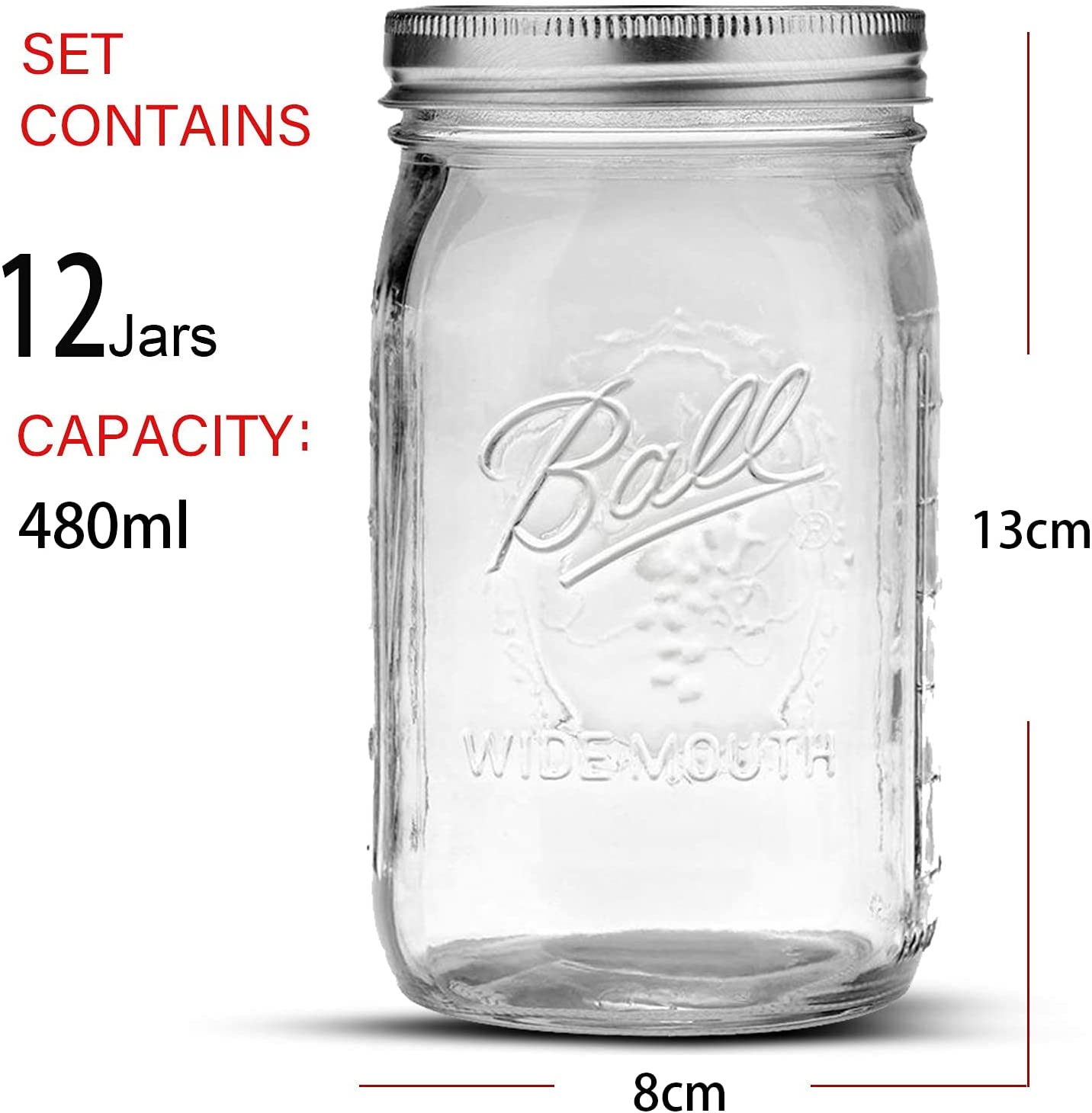 12 Pieces Canning Jars - 480ml Mason Jar Empty Glass Spice Bottles with Airtight Lids and Labels V178-82528