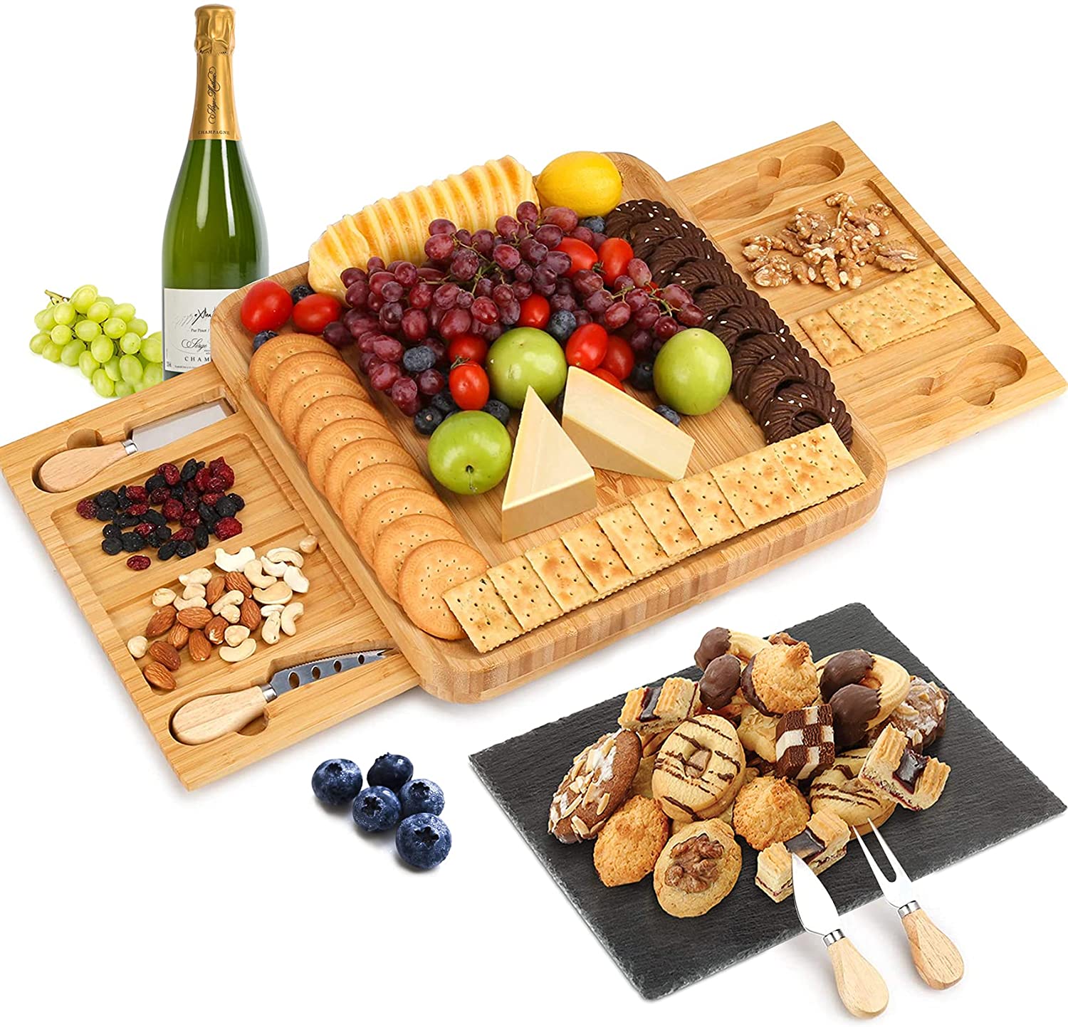 Bamboo Cheese Board and Knife Set with Cutlery including Slate Rock Tray, 4 Stainless Steel Knife & Thick V178-82542