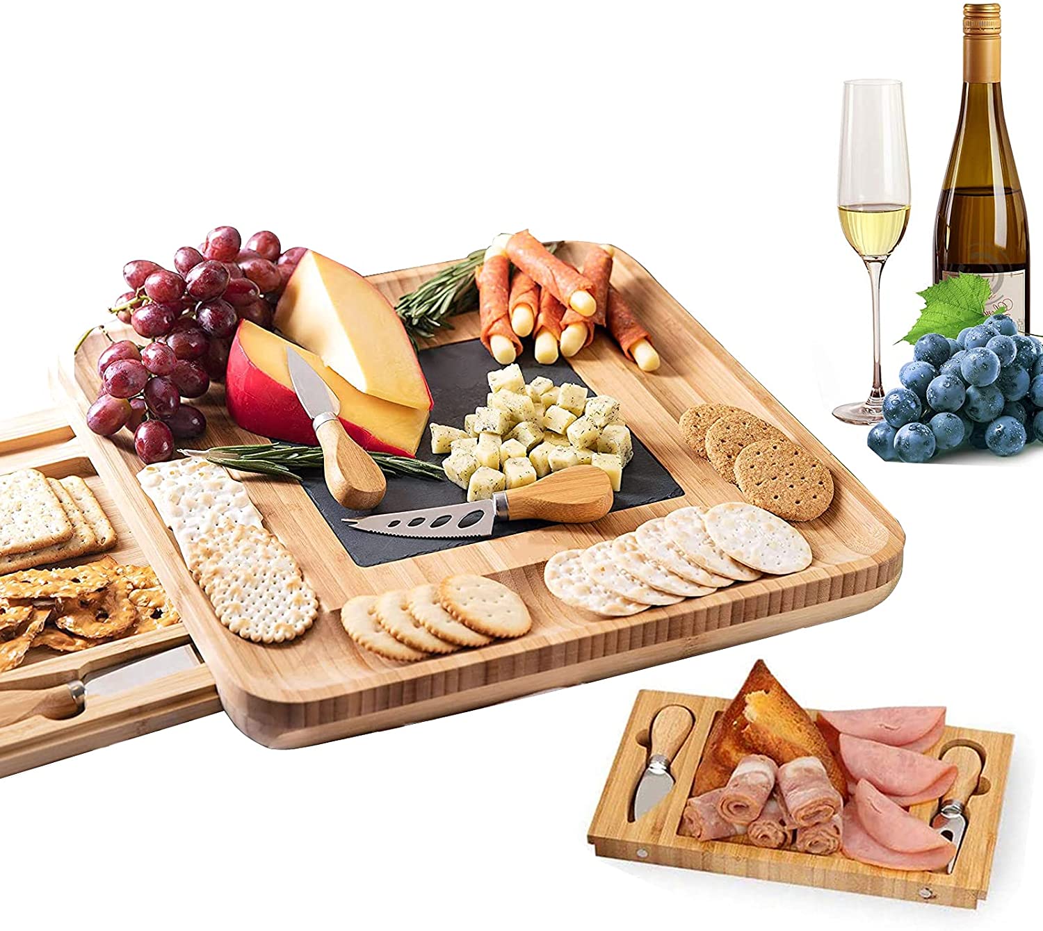 Bamboo Cheese Board and Knife Set with Cutlery including Slate Rock Tray, 4 Stainless Steel Knife & Thick V178-82542